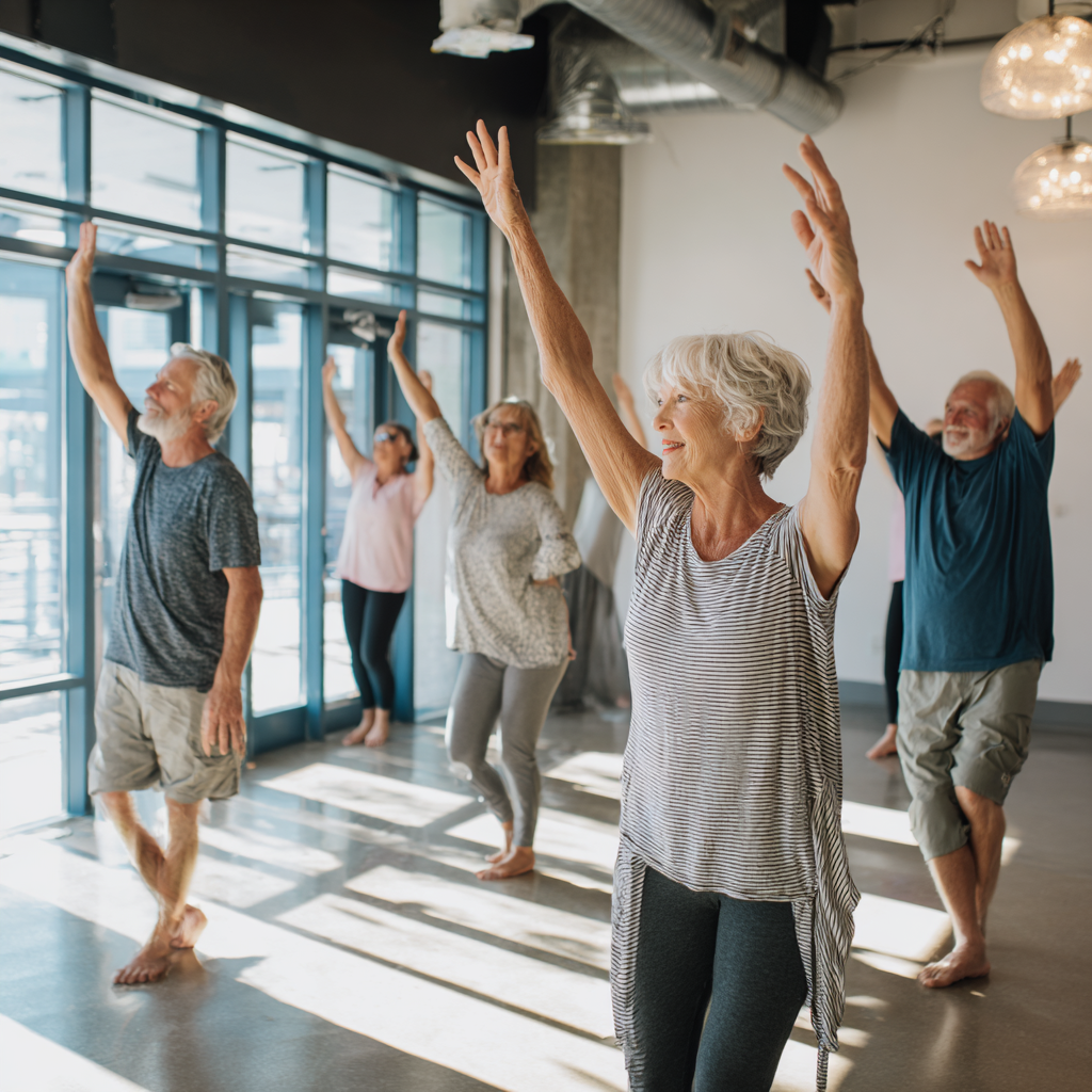 Group of middle-aged and older adults engaged in functional movement exercises in a modern wellness space