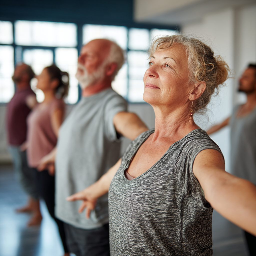 Middle-aged adults practicing gentle exercises in a bright studio environment